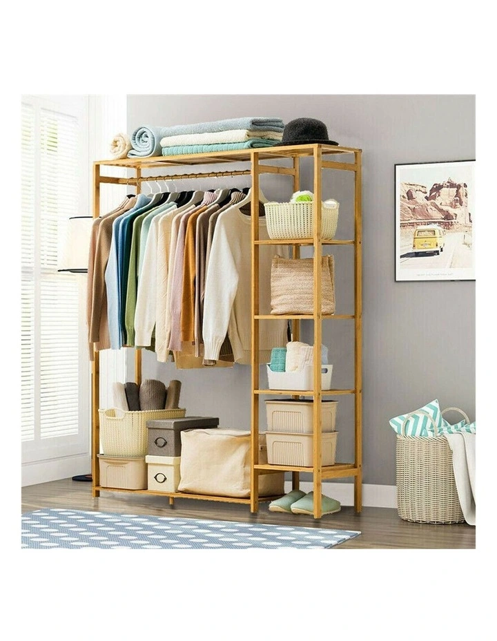 Brown Bamboo Freestanding Wardrobe With Slatted Shelves And Curtain Open Closet image 2