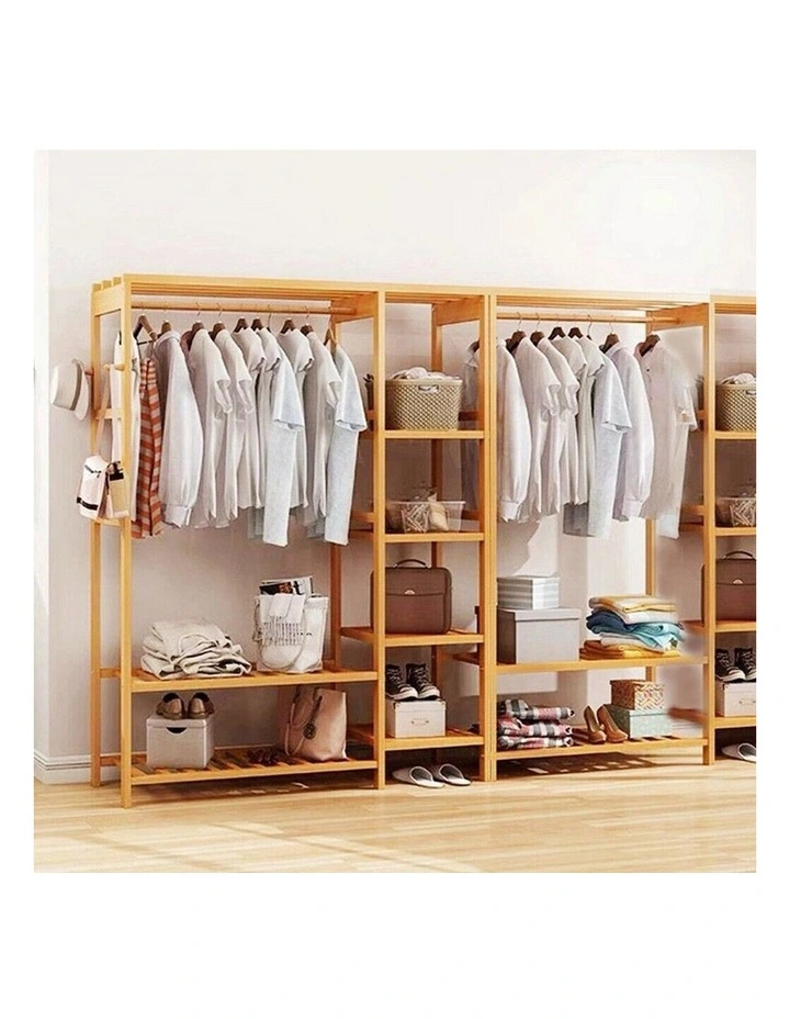 Brown Bamboo Freestanding Wardrobe With Slatted Shelves And Curtain Open Closet image 4