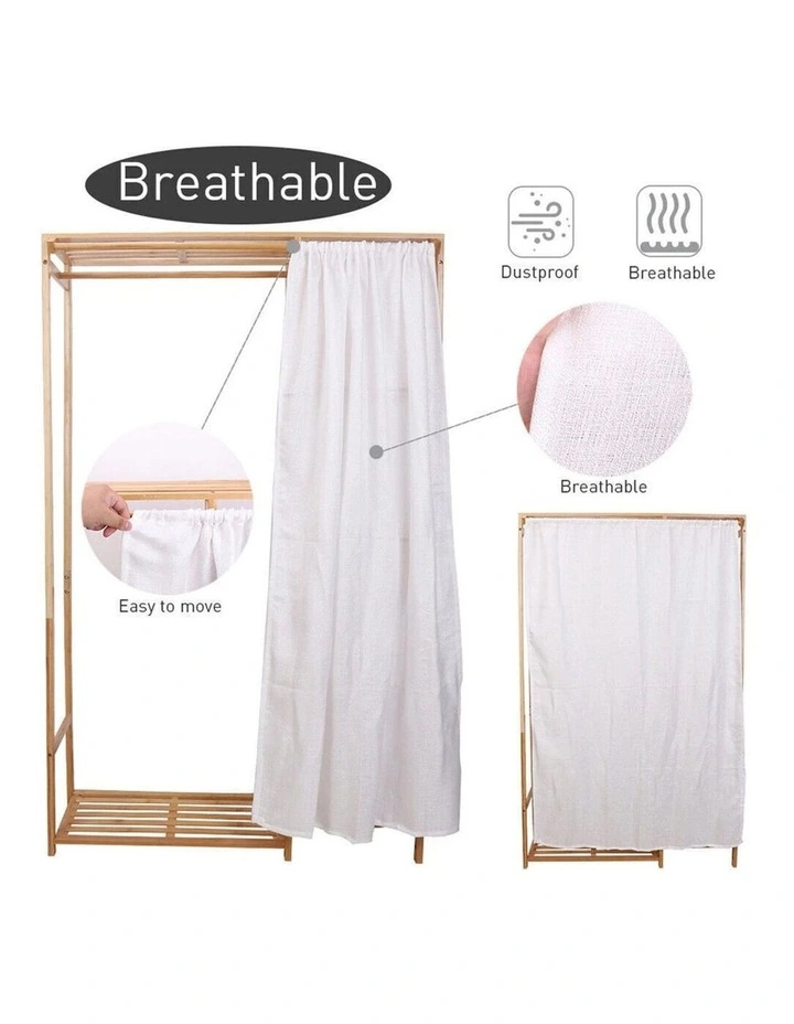 Brown Bamboo Freestanding Wardrobe With Slatted Shelves And Curtain Open Closet image 5