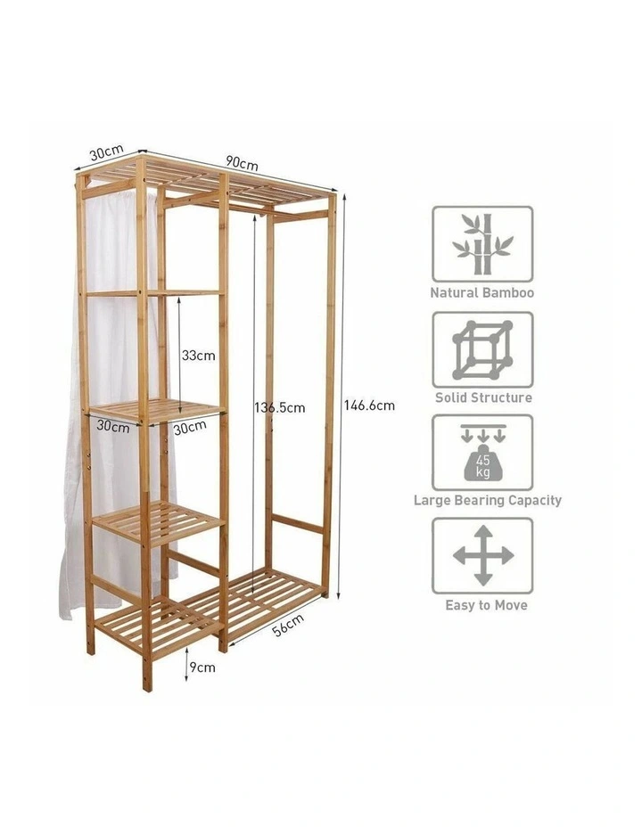 Brown Bamboo Freestanding Wardrobe With Slatted Shelves And Curtain Open Closet image 6