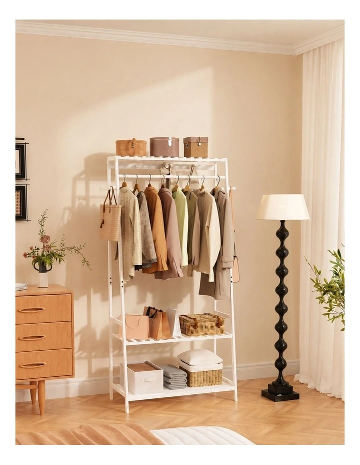 White Metal Coat Rack With Shelves, Freestanding Clothes Stand For Entryway image 3