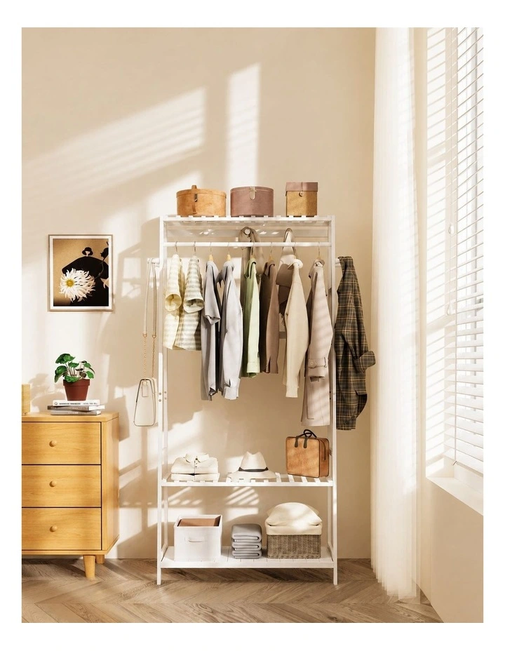 White Metal Coat Rack With Shelves, Freestanding Clothes Stand For Entryway image 4