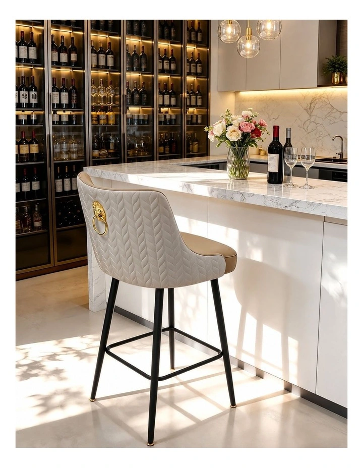 Light Khaki Swivel Bar Stools Set Upholstered Leather Modern Kitchen Set image 2
