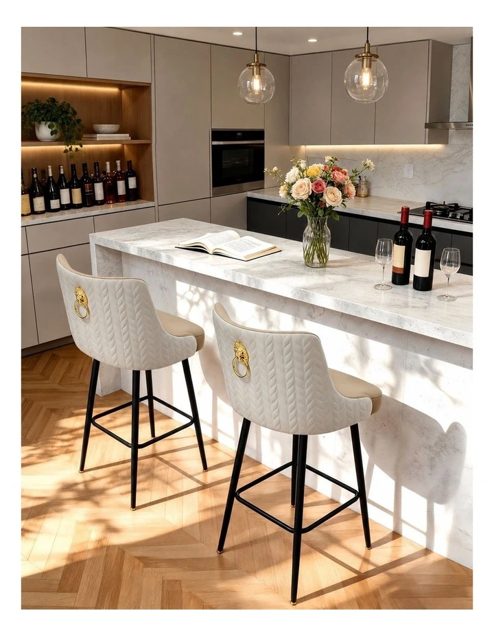 Light Khaki Swivel Bar Stools Set Upholstered Leather Modern Kitchen Set image 4