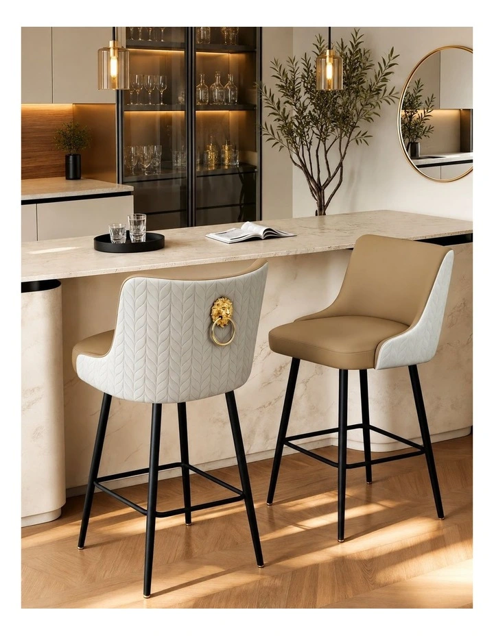 Light Khaki Swivel Bar Stools Set Upholstered Leather Modern Kitchen Set image 5