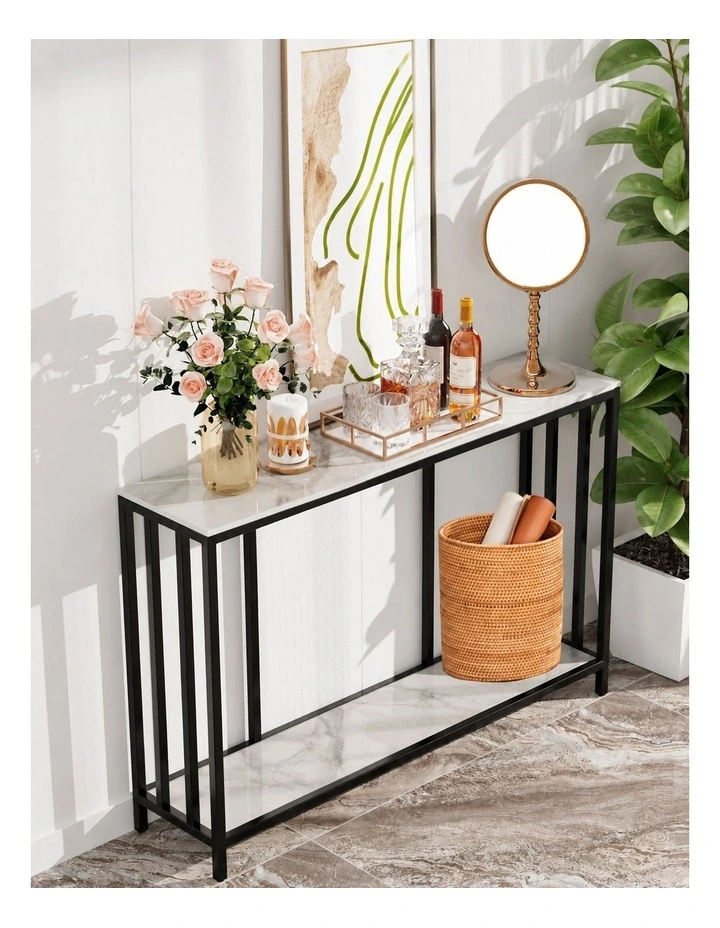 White Sintered Stone Console Table Black Metal Frame Hallway Table image 2