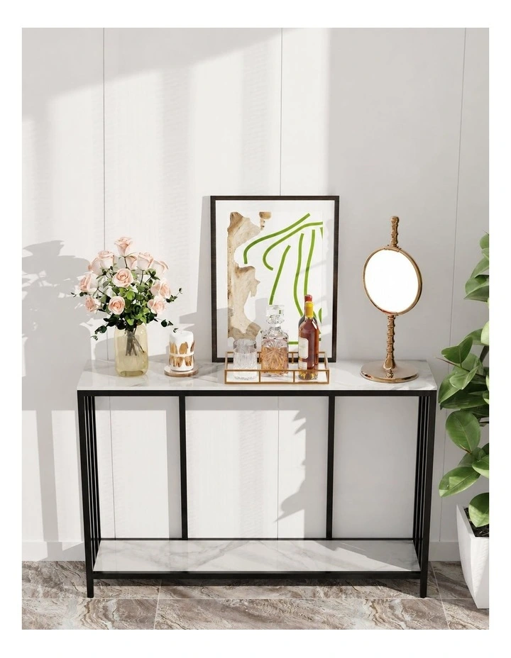 White Sintered Stone Console Table Black Metal Frame Hallway Table image 4