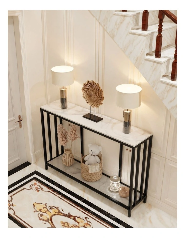 White Sintered Stone Console Table Black Metal Frame Hallway Table image 5