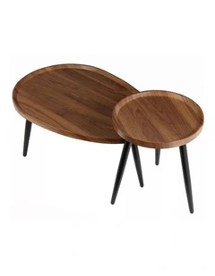 Walnut And Black Mid-Century Nesting Coffee Table Set With Wooden Tops & Black Tapered Legs