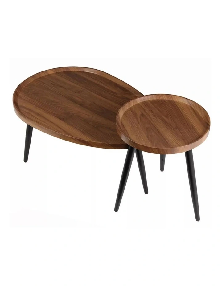 Walnut And Black Mid-Century Nesting Coffee Table Set With Wooden Tops & Black Tapered Legs image 1