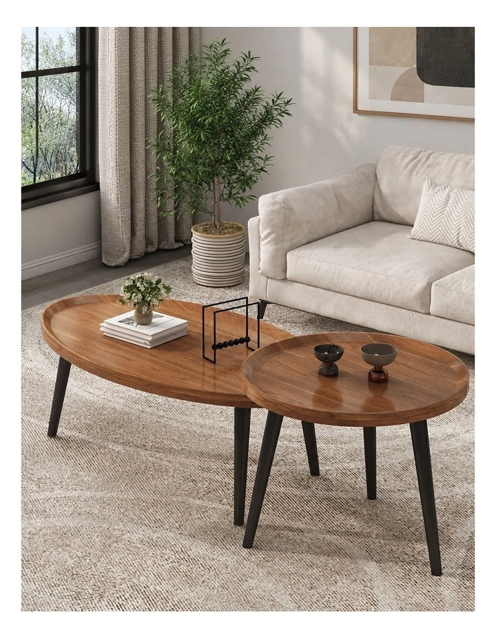 Walnut And Black Mid-Century Nesting Coffee Table Set With Wooden Tops & Black Tapered Legs image 2