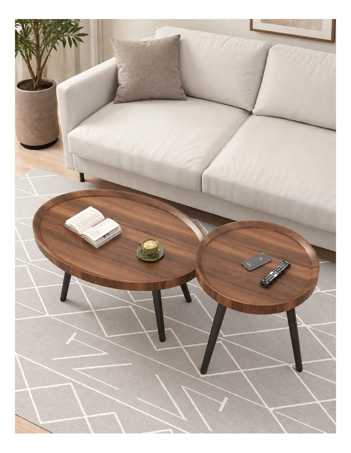 Walnut And Black Mid-Century Nesting Coffee Table Set With Wooden Tops & Black Tapered Legs image 4