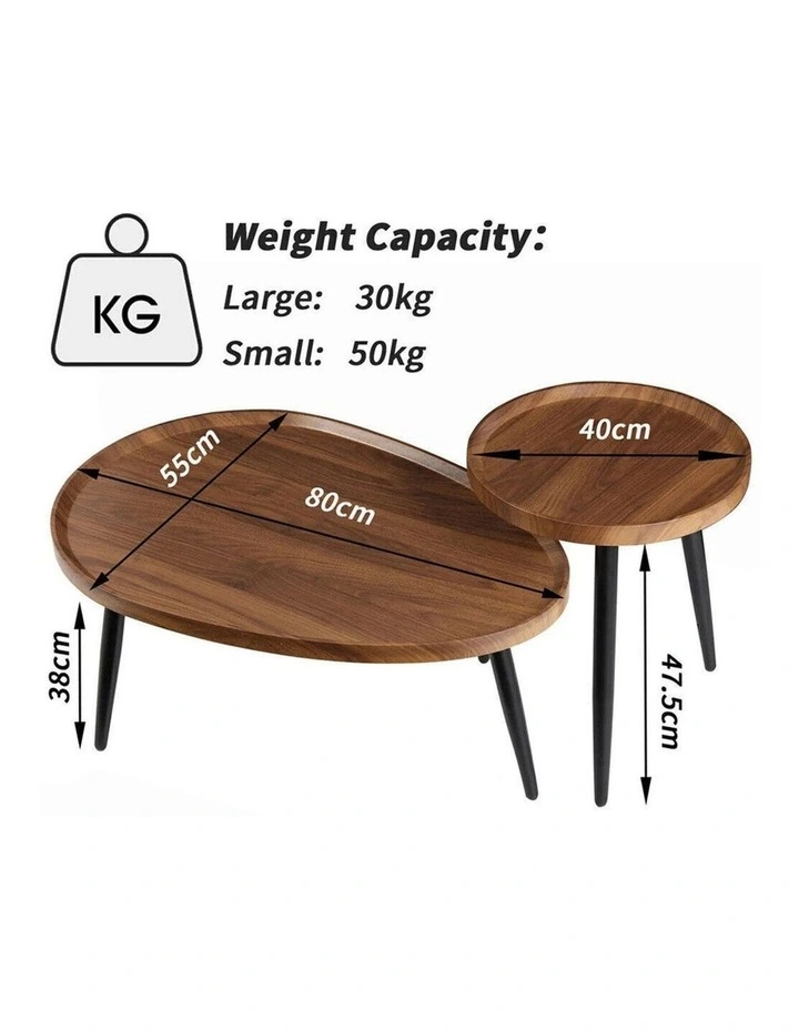 Walnut And Black Mid-Century Nesting Coffee Table Set With Wooden Tops & Black Tapered Legs image 6