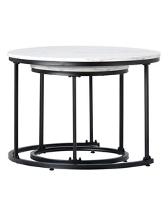 White And Gray Set Of 2 Round Nesting Coffee Tables With Marble Tops And Black Circular Bases