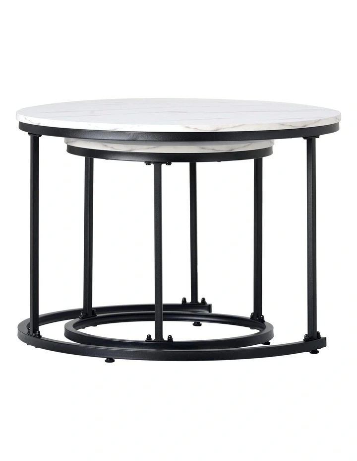 White And Gray Set Of 2 Round Nesting Coffee Tables With Marble Tops And Black Circular Bases image 1
