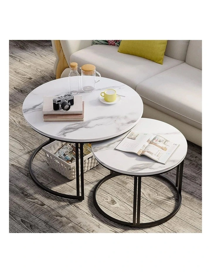 White And Gray Set Of 2 Round Nesting Coffee Tables With Marble Tops And Black Circular Bases image 2
