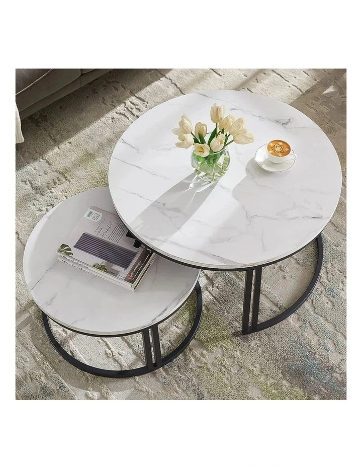 White And Gray Set Of 2 Round Nesting Coffee Tables With Marble Tops And Black Circular Bases image 4