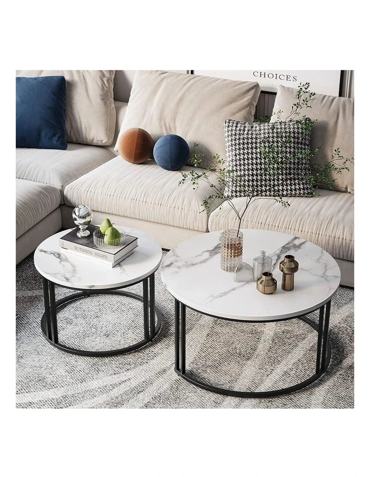 White And Gray Set Of 2 Round Nesting Coffee Tables With Marble Tops And Black Circular Bases image 6