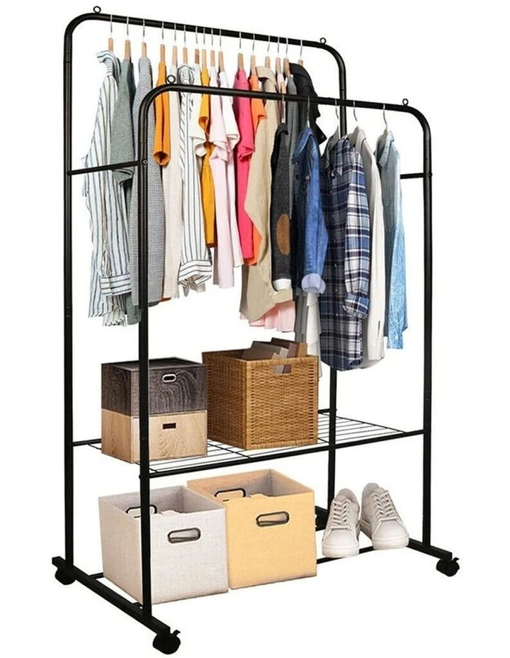 Black Clothes Rack Double Rail Garment Stand With Shelves And Wheels image 3