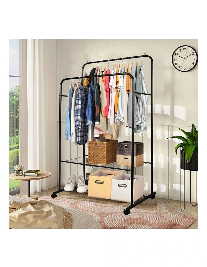 Black Clothes Rack Double Rail Garment Stand With Shelves And Wheels image 4