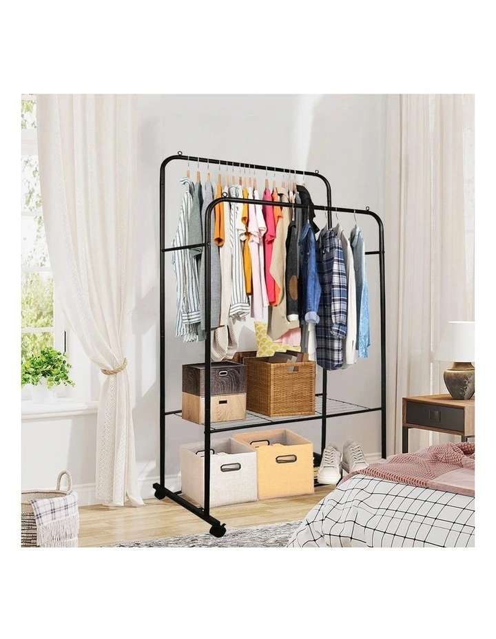 Black Clothes Rack Double Rail Garment Stand With Shelves And Wheels image 5