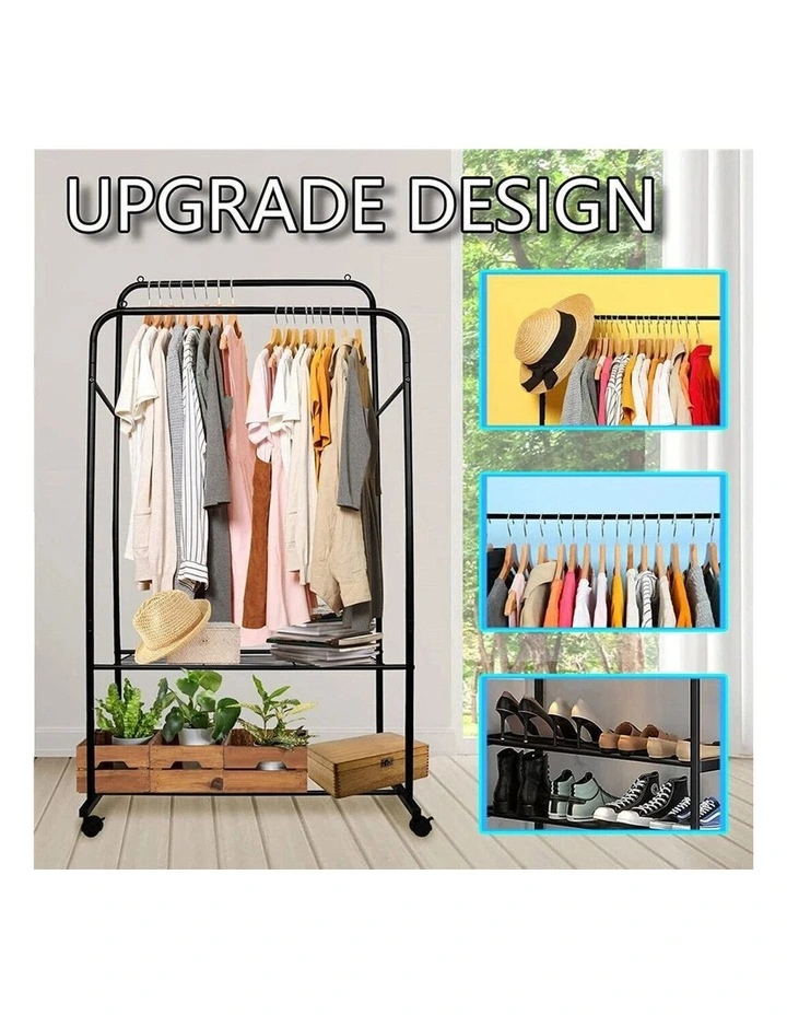 Black Clothes Rack Double Rail Garment Stand With Shelves And Wheels image 6