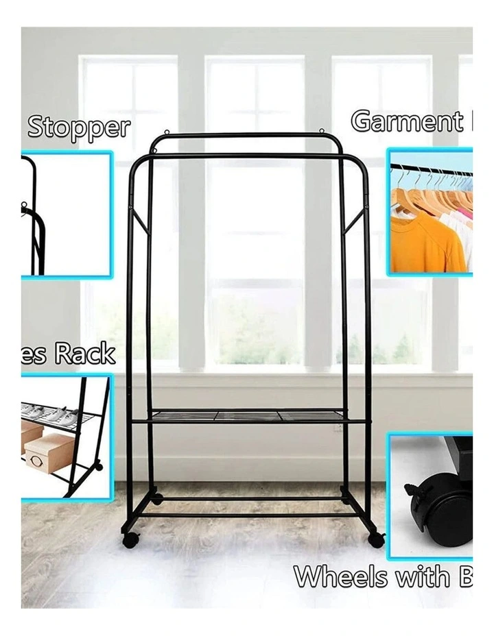 Black Clothes Rack Double Rail Garment Stand With Shelves And Wheels image 7