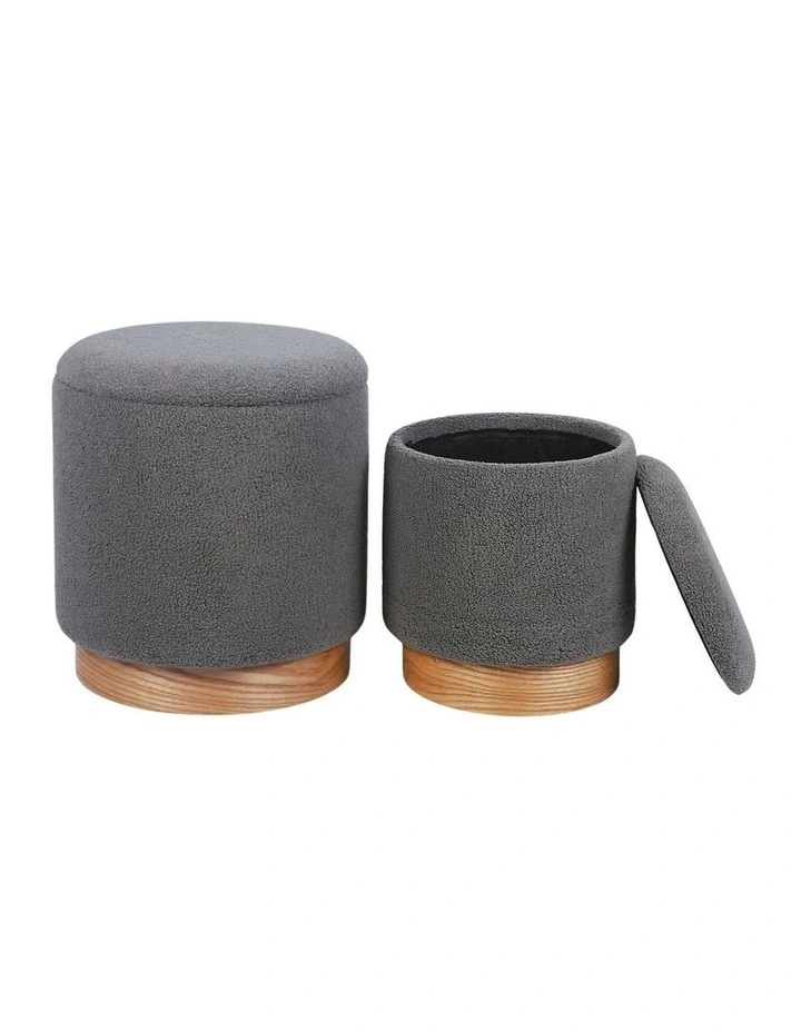 Grey Sherpa Storage Ottoman Wooden Base Compact Footstool Organizer image 1
