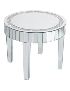 Silver Mirrored Round Coffee Table With Crushed Crystal Inlay And Reflective Panels  Glam Accent