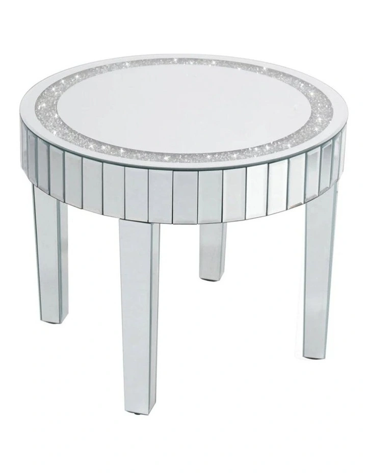 Silver Mirrored Round Coffee Table With Crushed Crystal Inlay And Reflective Panels Glam Accent image 1