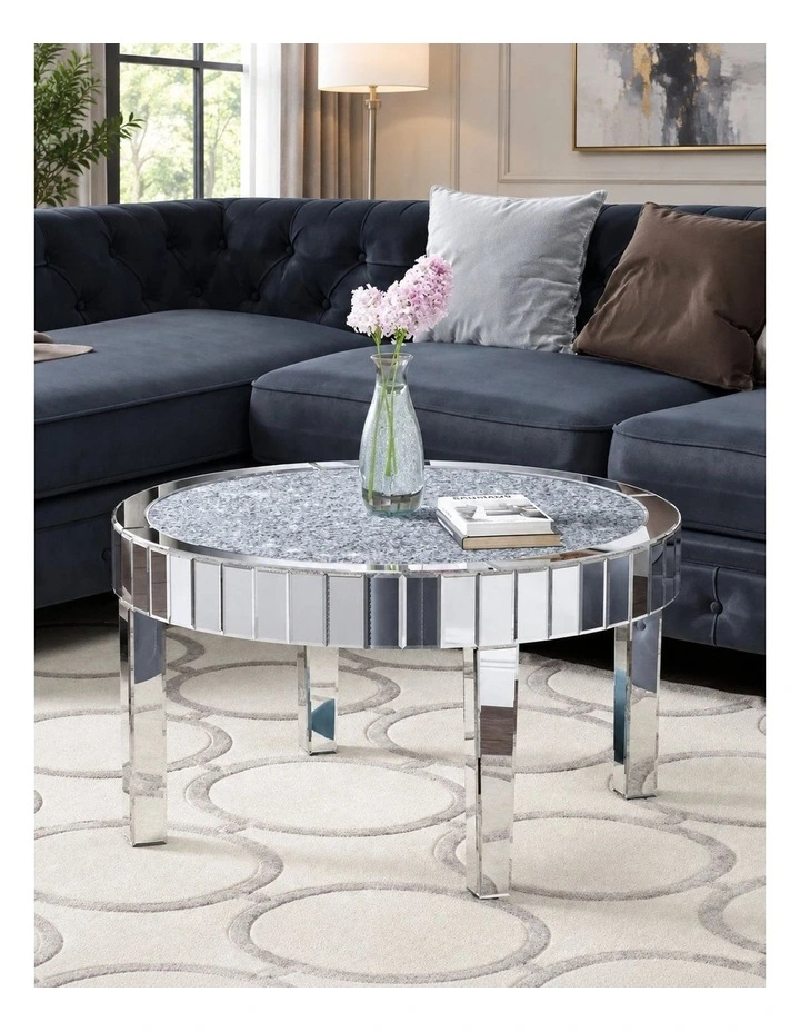Silver Mirrored Round Coffee Table With Crushed Crystal Inlay And Reflective Panels Glam Accent image 3