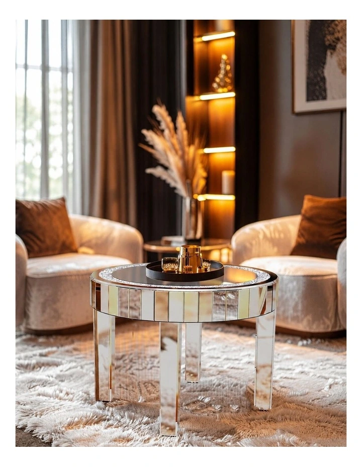 Silver Mirrored Round Coffee Table With Crushed Crystal Inlay And Reflective Panels Glam Accent image 4