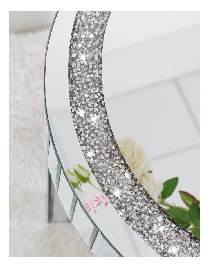 Silver Mirrored Round Coffee Table With Crushed Crystal Inlay And Reflective Panels Glam Accent image 5