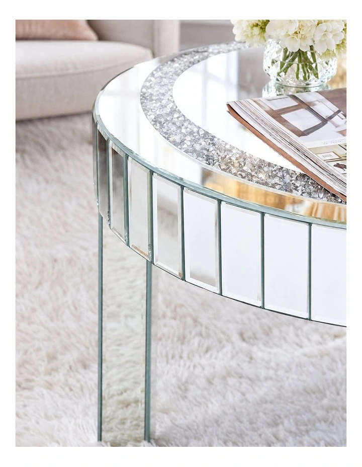 Silver Mirrored Round Coffee Table With Crushed Crystal Inlay And Reflective Panels Glam Accent image 6