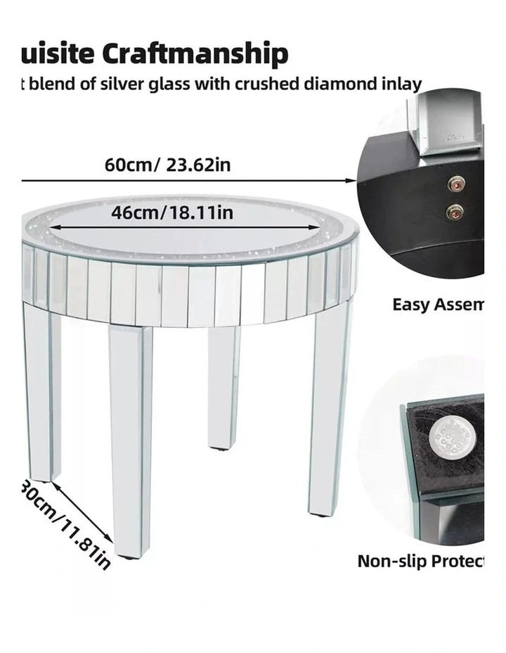 Silver Mirrored Round Coffee Table With Crushed Crystal Inlay And Reflective Panels Glam Accent image 7