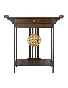 Brown Bamboo Console Table with Drawer and Shelf
