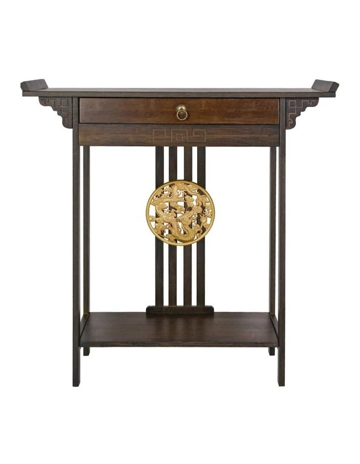 Brown Bamboo Console Table with Drawer and Shelf image 1