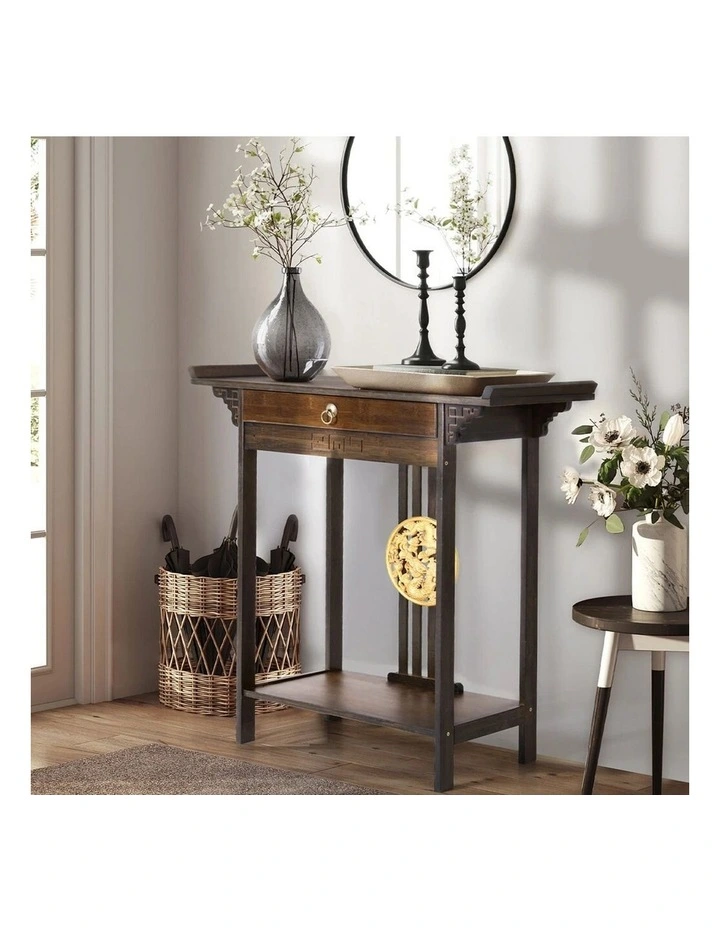 Brown Bamboo Console Table with Drawer and Shelf image 2