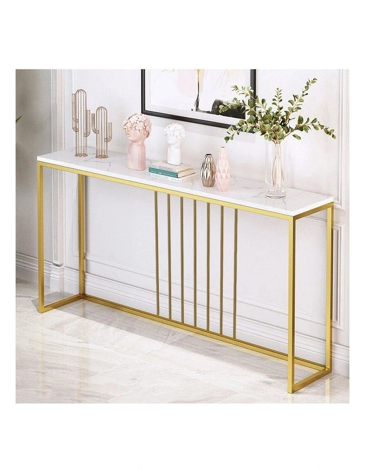 White Gold Console Table Sintered Marble Look Top Hallway Entryway Table image 2
