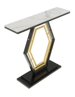 White Geometric Hexagon Base Console Table With Sintered Marble Top And Gold/Black Geometric Design