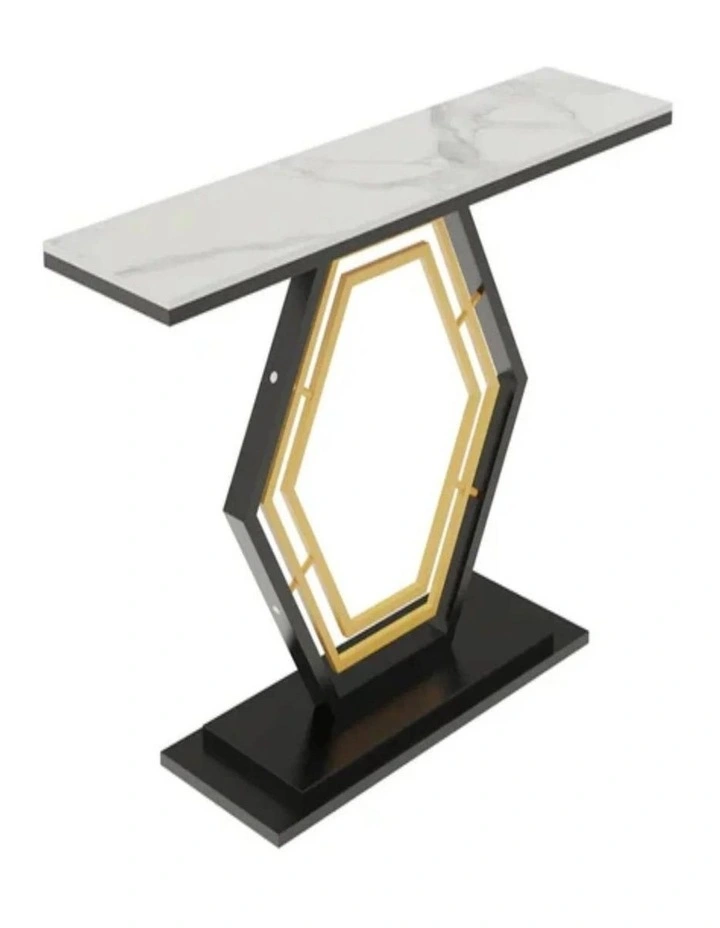 White Geometric Hexagon Base Console Table With Sintered Marble Top And Gold/Black Geometric Design image 1