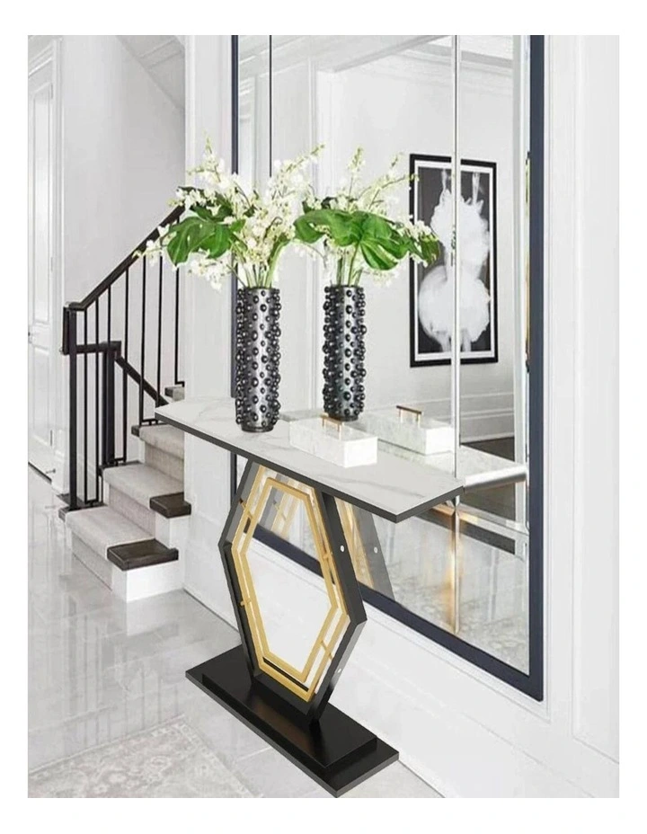 White Geometric Hexagon Base Console Table With Sintered Marble Top And Gold/Black Geometric Design image 2