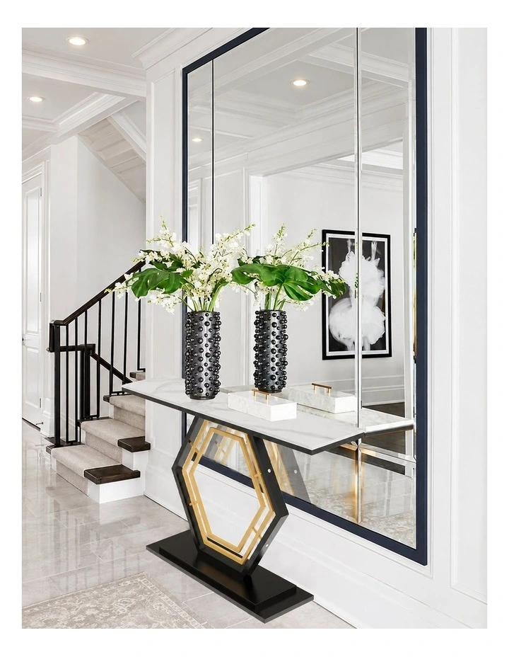 White Geometric Hexagon Base Console Table With Sintered Marble Top And Gold/Black Geometric Design image 3