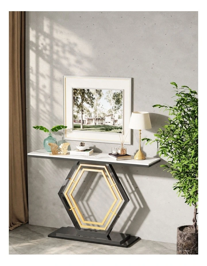 White Geometric Hexagon Base Console Table With Sintered Marble Top And Gold/Black Geometric Design image 4