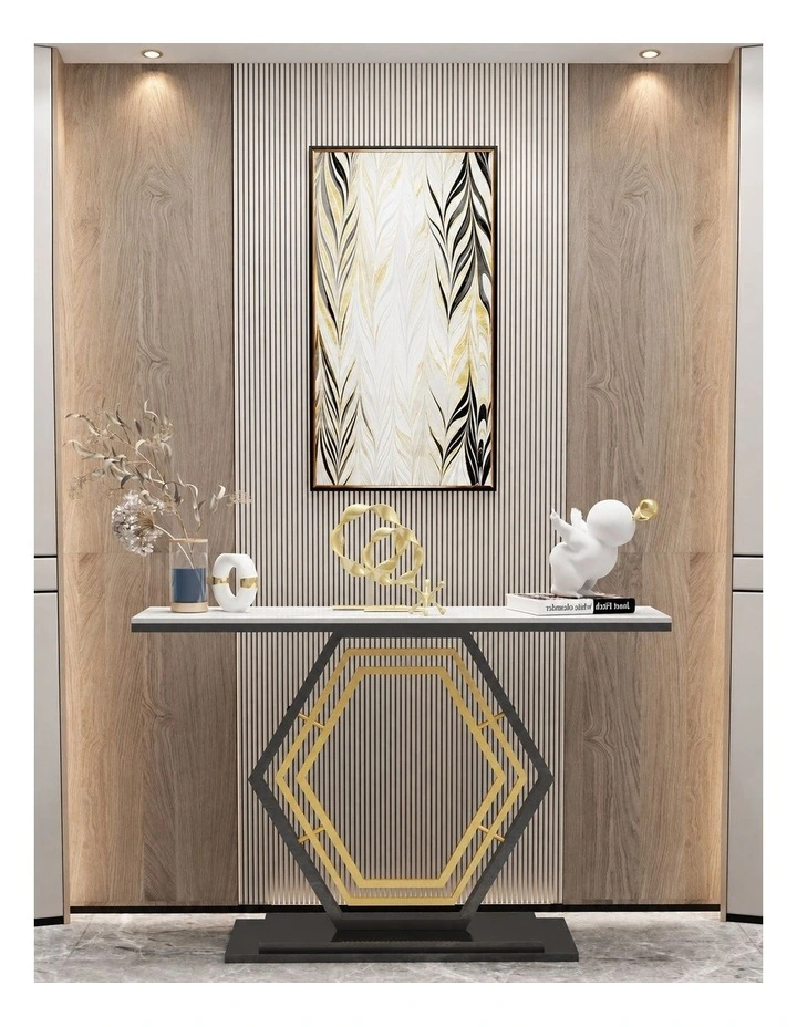 White Geometric Hexagon Base Console Table With Sintered Marble Top And Gold/Black Geometric Design image 5