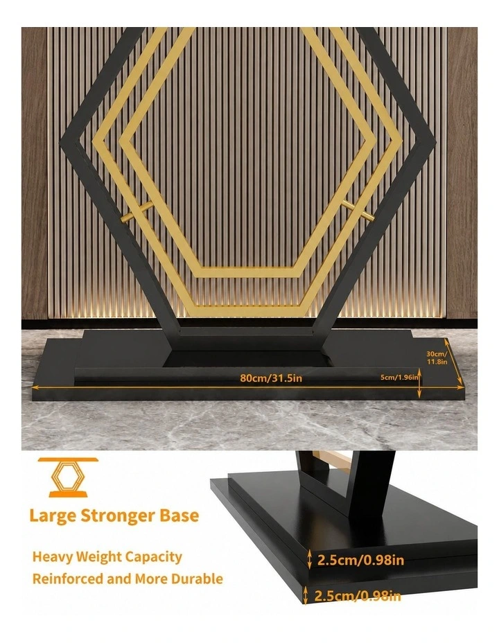 White Geometric Hexagon Base Console Table With Sintered Marble Top And Gold/Black Geometric Design image 6