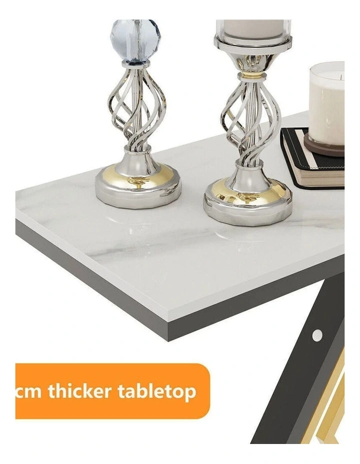 White Geometric Hexagon Base Console Table With Sintered Marble Top And Gold/Black Geometric Design image 7