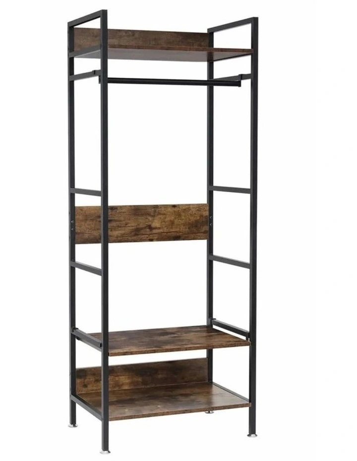 Brown Industrial Open Wardrobe Rack With Rustic Wood Shelves And Hanging Rod image 1