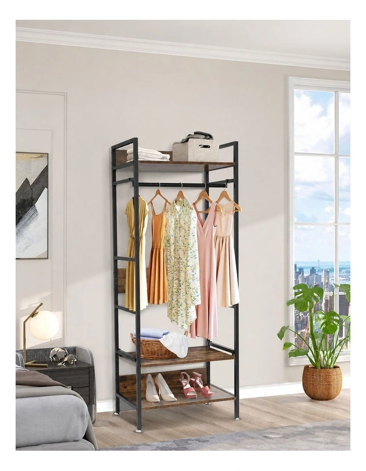 Brown Industrial Open Wardrobe Rack With Rustic Wood Shelves And Hanging Rod image 3