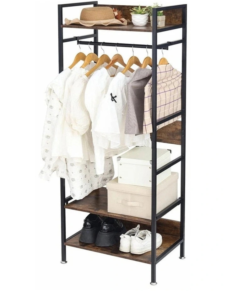 Brown Industrial Open Wardrobe Rack With Rustic Wood Shelves And Hanging Rod image 4